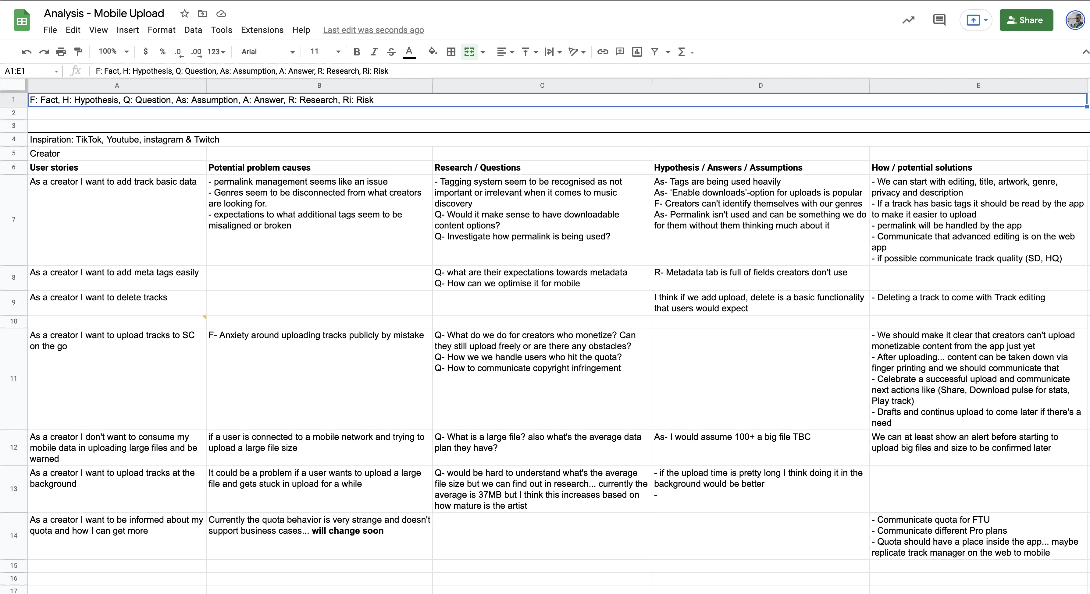 Excel sheet, early in the understanding phase